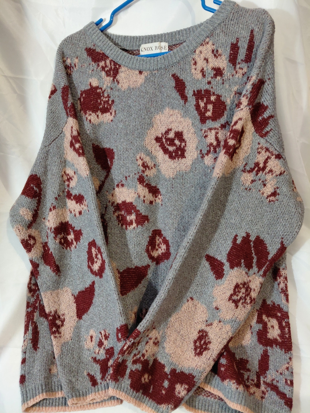 Knox Rose Gray Crewneck Sweater with Pink and Burgundy Floral - Picture 3 of 9